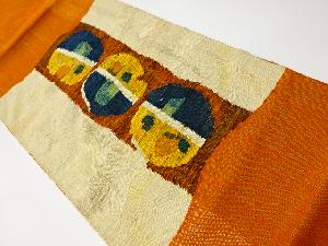 リサイクル　手織り真綿紬縞に抽象模様織出し名古屋帯